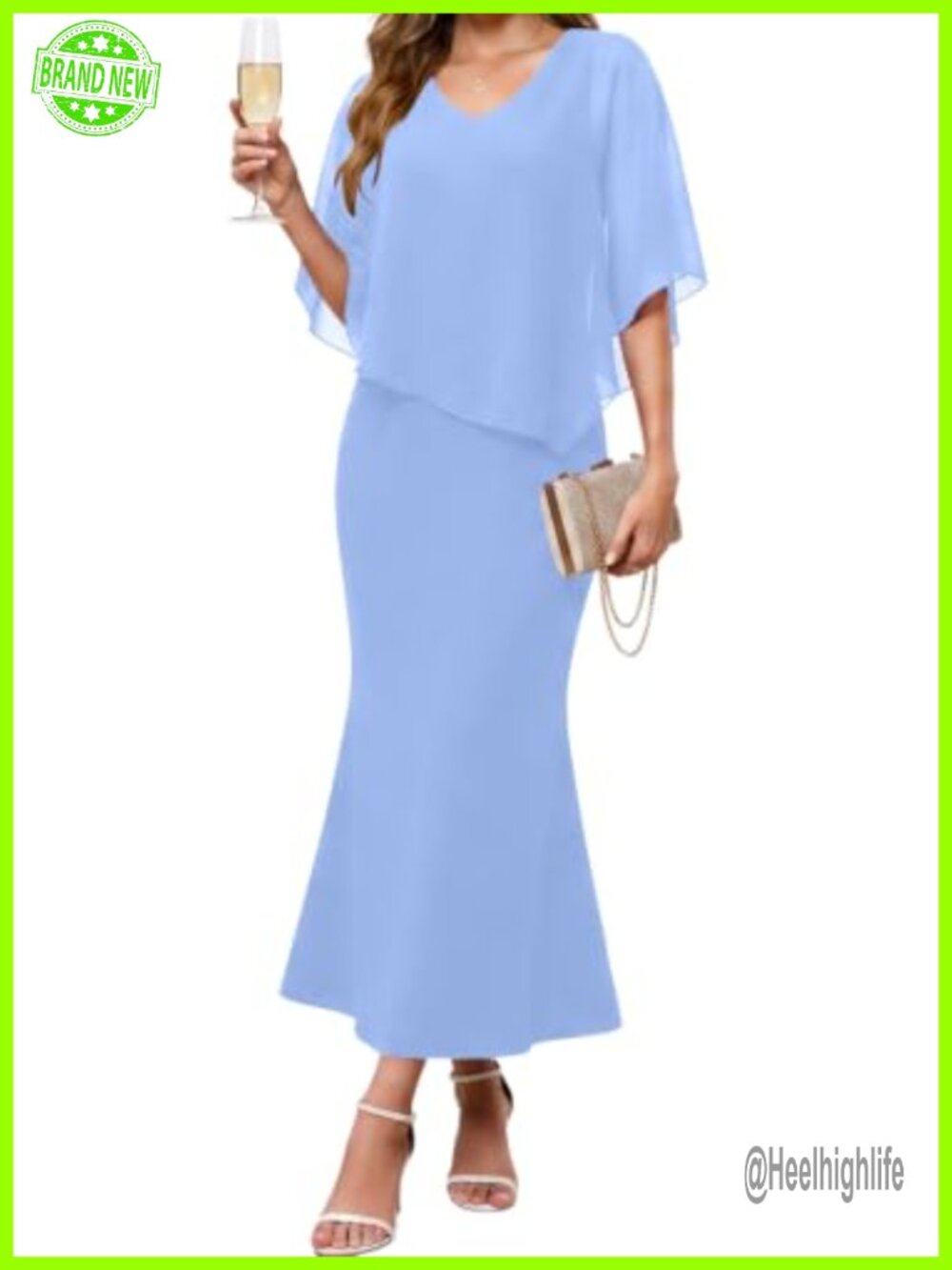 Women Chiffon Cape Overlay V Neck Mermaid Maxi Gown Cocktail Dress
